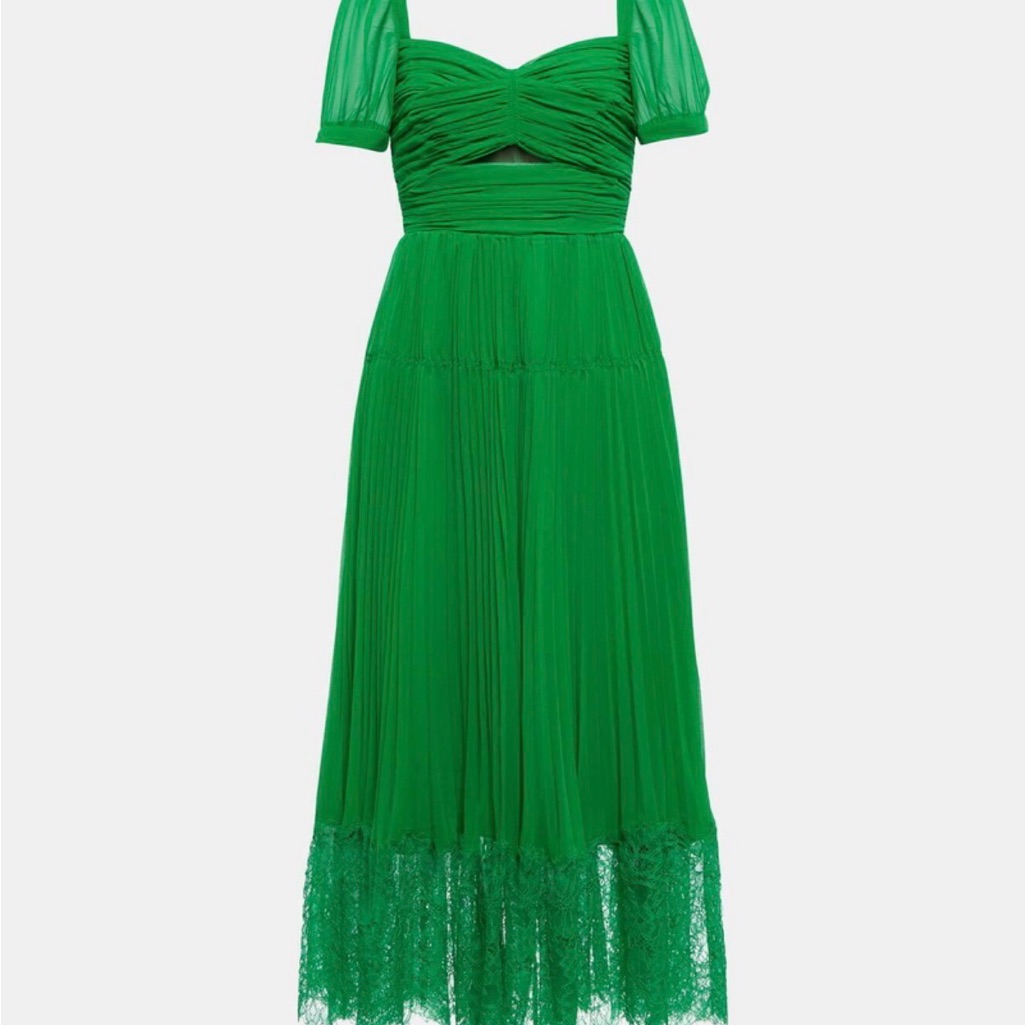 Self-Portrait Corded Lace Trimmed Cutout Pleated Chiffon Midi Dress Size 12us